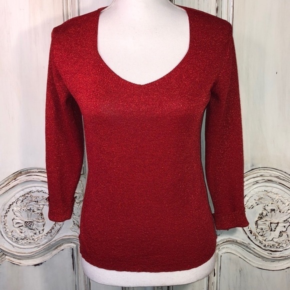 CLIO VINTAGE Silk Metallic Long Sleeve V Neck Lightweight Sweater Size Medium - Picture 1 of 6